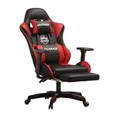 Qialexicon レーシング風ハイバックチェア ブラッ合成皮革イニングゲーミングチェア 360度回転 パソコン椅子 人間工学設計 オフィス家具 高背もたれ 室内家具, 黒赤, 6Dアームレスト、フットレスト付き