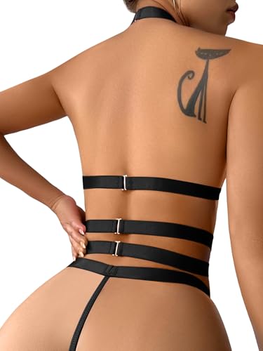 Image of Foxiny Sexy Halter Heart Ring Cutout Chain Floral Lace Sheer Garter Belt Lingerie Set 3 Piece