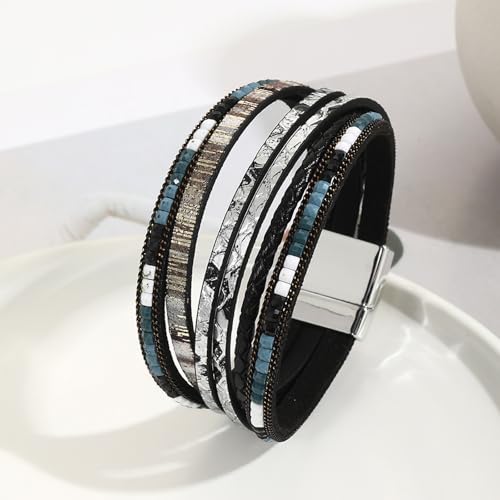 Image of Fesciory Leather Wrap Bracelets for Women, Boho Leopard Multi-Layer Crystal Beads Cuff Bracelet Jewelry