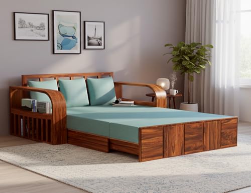 Image of APRODZ Sheesham Wood Sofa Cum Bed, 3 Seater, Honey Finish, Blue Upholstery (75 x69 x30 Inch)