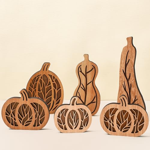 JarThenaAMCS 6Pcs Fall Pumpkin Wood Table Sign Natural Wood Hollow
