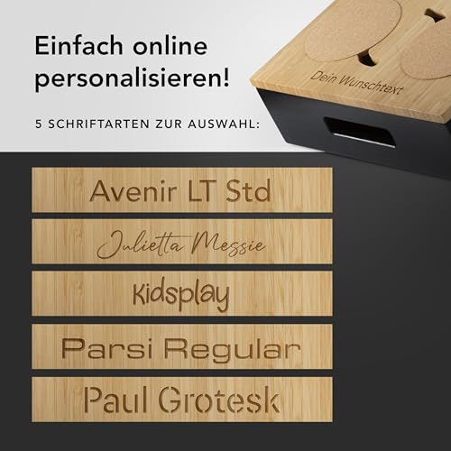 Couchbar Snackbox Personalisierbar aus Bambus inkl. Geschenkbox | Sofa Tablett mit 2 Snackschalen, 2 Getränkehalter mit Untersetzer, magnetischer Deckel, Handyhalterung (Schwarz, Ohne Gravur)