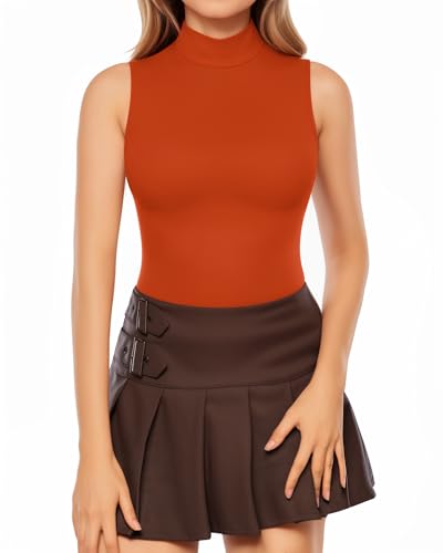 Image of MANGOPOP Women's Mock Turtle Neck Sleeveless Tank Tops Bodysuit, Sleeveless Sorrel, X-Large
