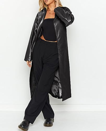 Women's Casual PU Leather Long Jacket Lapel Open Front Trench Coat with Belt3