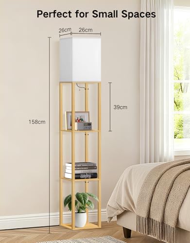 OUTON Stehlampe Holz mit Regal, 158 cm Stehleuchte, 3 Ablagen, 3 Farbtemperaturen, inkl. 9W E27 LED-Leuchtmittel, Stoffschirm für Wohnzimmer, Schlafzimmer, Büro, Flur und Gästezimmer