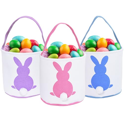 GugnRyAc 3 Pcs Easter Bunny Basket - Canvas Cotton Easter Eggs Basket with Fluffy Tails - Perfect for Girls & Boys Easter Egg Hunts - Easter Baskets for Kids (Pink, Purple, Blue)