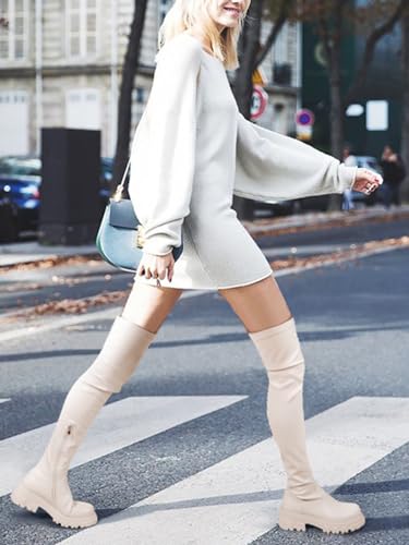 Image of CouieCuies Black Thigh High Boots For Women Platform Over The Knee High Boots Lug Sole Comfortable Stretch Boots 6-11