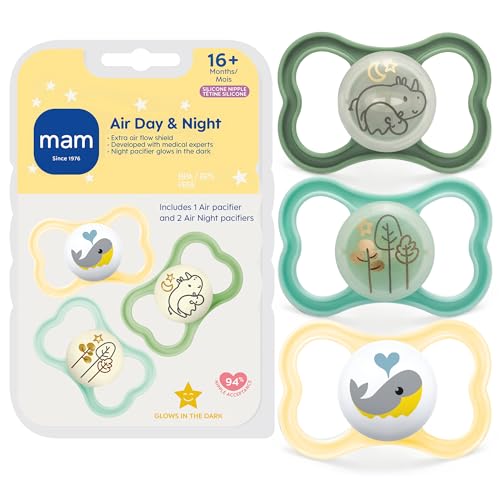 Image of MAM Air Pacifier 16+ Months, Extra Air Flow for Sensitive Skin, 3 Pack | Glows In The Dark, Developed With Medical Experts, BPA-Free Skin Soft Silicone, Made In Europe