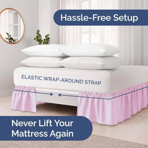 Image of Bed Skirt - Wrap Around Dust Ruffle Bed Frame Cover with Easy Fit Elastic Strap, Double Size 12 Inch Inch Drop, Microfiber Pleated, Machine Washable |Light Pink, (72inchx72inch)