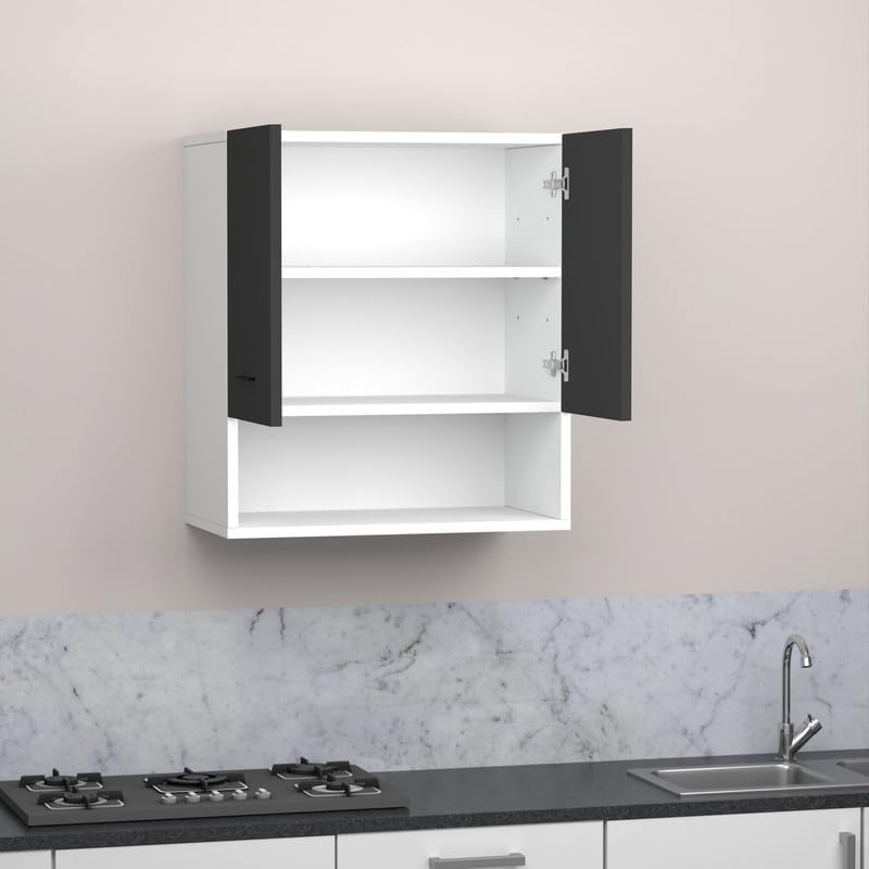 Image of 2 Door Multipurpose Wall Mounted Cabinet with Adjustable & Fixed Shelf | Storage for Kitchen, Bathroom, Office & Living Room | Assembly-DIY | Color-White & Grey | Size-60x33x63.8 Cm