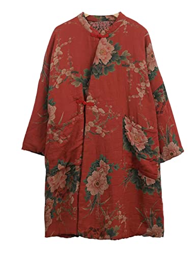 NFYM Women Cotton Jacket Kimono Soft Quilted Flower Printed Long Loose Outwear Coats with Pockets (as1, alpha, one_size, plus, regular, Red)