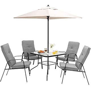 COSTWAY 6 Piece Patio Dining Set, Garden Furniture Set with 4 Cushioned Chairs, Tempered Glass Table and Parasol Umbrella, Outdoor Conservatory Bistro Table and Chairs Set for Balcony Yard Poolside