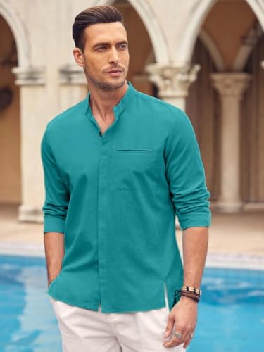 Image of Mens Casual Button Down Shirt | Cotton Luster Long Sleeves Shirts | Mandarin Collared Shirts