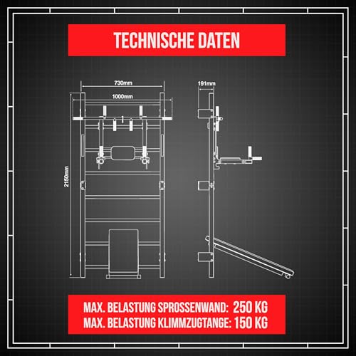 K-Sport: Trainingsset Sprossenwand + Dip Station, Klimmzugstange & Trainingsbank I Kraftstation mit Pull-Up Bar, Dip Stange & Hantelbank, inkl. E-Book