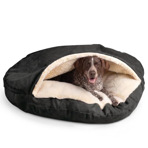 Image of Snoozer Cozy Cave Dog Bed, Round Covered Dog Bed, Black (XL)
