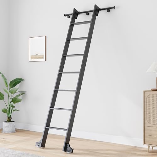 Fredbeck 8ft Rolling Library Aluminium Step Ladder 96' with 4FT Sliding Hardware Track Kit Bottom...