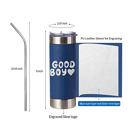 Craft Express Stainless Steel Skinny Tumbler 20 Oz For Xtool - Blue Laserable Pu Leather Sleeve Engraved Silver Logo - Vacuum Insulated Stainless Steel Tumbler With Lid And Straw 2 Pack #TOP2