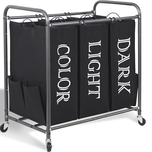 Image of STORAGE MANIAC 3 Section Laundry Sorter, 35.6 Gal (135 L) Laundry Hamper Cart with Heavy Duty Rolling Lockable Wheels and Removable Bags, Clothes Organizer Basket Separator Hamper, Label Black