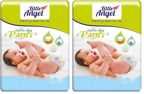 Image of Little Angel Extra Dry Baby Pants Diaper, Large (L) Size, 48 Count, Super Absorbent Core Up to 12 Hrs. Protection, Soft Elastic Waist Grip & Wetness Indicator, Pack of 2, 8-14kg