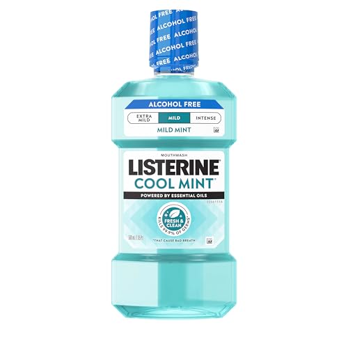 Listerine Cool Mint Alcohol-Free Mild Mouthwash, Oral Rinse Kills 99.9% of Germs That Cause Bad Breath, Less Intense Taste, Mild Mint Flavor, 500 mL