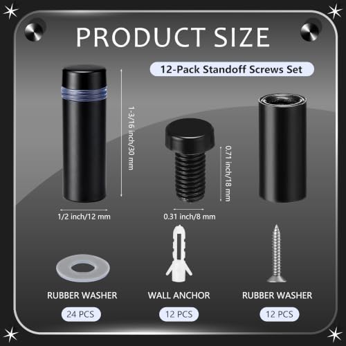 Image of Pelopy 12 Pcs Sign Standoff Screws Advertising Screws Stainless Steel Wall Standoff Mounts Glass Acrylic Nail (1 /2 x 1-3 /16 Inch,Black)