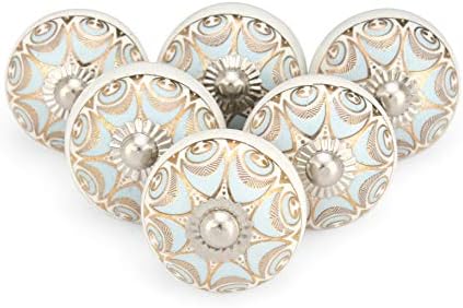 Rasiya Art Drawer Pulls and Knobs - Countryside Handmade Ceramic Dresser Pulls Kitchen Cabinets Cupboard Wardrobe Handle Boho Decor Furniture Hardware - Blue Gold - Pack of 6