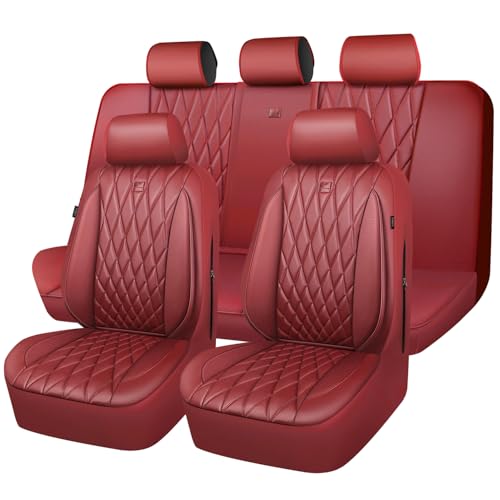 Image of CAR PASS Piping Luxury Faux Leather Seat Covers Full Set, Premium Delux Anti-Slip Waterproof Automotive Seat Cover Universal Fit for Sedans Suvs Vans Trucks, Armrest & Airbag Compatible, Burgundy Red