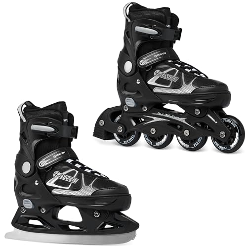 RAVEN Inline Skates Inliner für Kinder und Erwachsene OPTIONAL 2in1 mit Schlittschuhen verstellbar (Spirit Black/White mit Kufen, 40-43 (25,5-28cm)