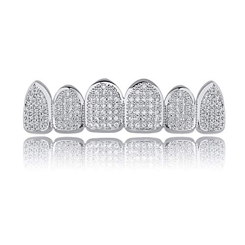 JINAO 18k Gold Plated All Iced Out Luxury CZ Gold Top Teeth Grillz Set Men Women with Extra Molding Bars Included (Silver top)
