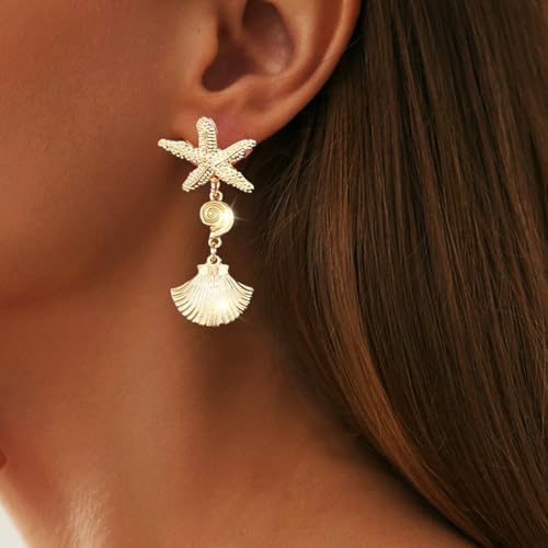 Gold Shell Dangle Earrings Starfish Earrings Ocean Jewelry Earring for Women2