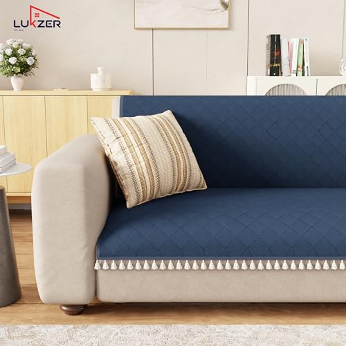 Image of Lukzer Quilted Sofa Cover Mat with Tassels for 2 Seater Sofa - Midnight Blue | Soft Washable Anti-Slip Protector for Living Room | Furniture Cover for Back-Seat Slipcover 120X150CM / SC-191-2T