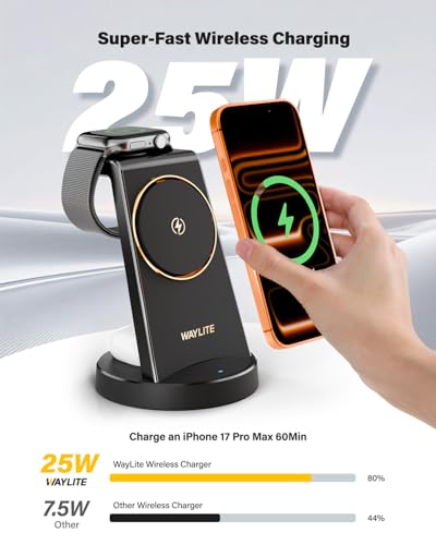 Image of 3 in 1 Fast Charging Station for iPhone, 25W Wireless Magnetic Phone Charger for iPhone 17 16e 16 15 14 13 12 Serise, Watch Charger Stand, Wireless Charging Station for AirPods 4 3 Pro, Dark Black