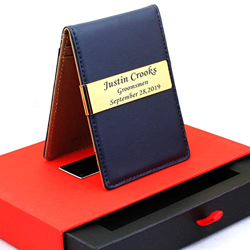 Sotania - Personalized 24K Gold Genuine Leather Money Clips Mens Wallets Slim Front Pocket Card Holder Gift For Mens Groomsmen Gift (Navy_Blue) #TOP1