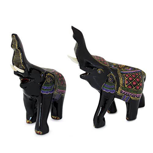NOVICA Handmade Artisan Lacquered Wood Figurines Happy Elephants Pair Black