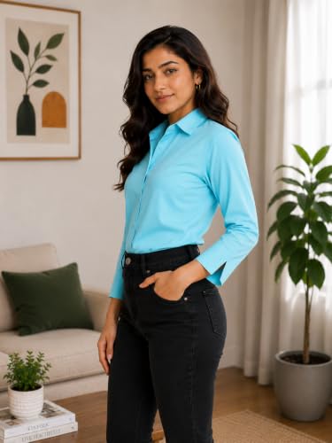 Image of FUNDAY FASHION Women Solid Regular Fit V Collered Casual Shirt