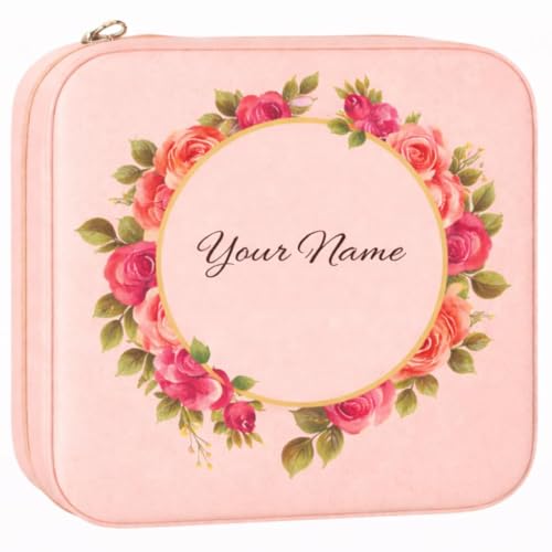 Image of Personalised Jewellery Organizer Box for Girls | Custom Name Travel Jewellery Case for Earrings, Rings and Necklaces | Mini Jewelry Storage Gift (Round Flower Rose)
