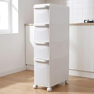 隙間収納 ハイタイプ4段 スリム キッチン バスルーム 狭所対応 プラスチック製引き出しキャビネット キャスター付き 省スペース 多機能分類 冷蔵庫横 洗面所 収納に適用 (4段,(B)ハイタイプ)