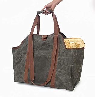 Waxed Canvas Log Tote Bag, Indoor Fireplace Firewood Totes Holders, Round Woodpile Rack Fire Wood Carriers, Carrying for Tubular Stand by Hearth Stove Tools Set Basket