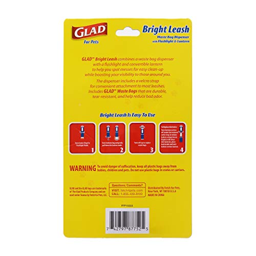 Image of Glad for Pets Bright Leash Waste Bag Dispenser with Flashlight Dog Waste Bag Dispenser Includes 15 Dog Waste Bags with Safety Lights for Walkers Refillable Pet Waste Bag Dispenser for Dog Walking