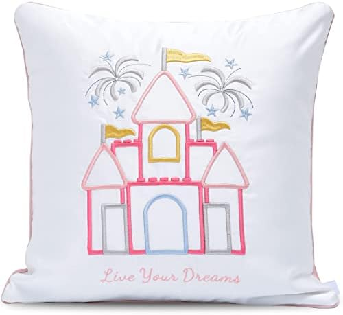 Melody Art Personalizable Fairy Tale Theme Princess Decorative Pillow Throw Cover 18x18 White Pale Pink 3D Embroidery with Quote Live Your Dreams Girl Room Bed Nursery Decor Cinderella Castle