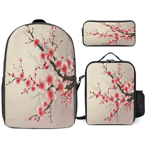 Printed Backpack With Lunch Pack Storage Box Case Japanese Floral Cherry Blossom 3pcs Lightweight Travel Backpack