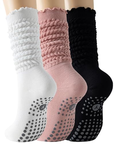 Image of Yawlsow Pilates Socks with Grips for Women Yoga Ruffle Grippy Non Slip Long Slouchy Scrunch Socks for Barre Workout Hospital