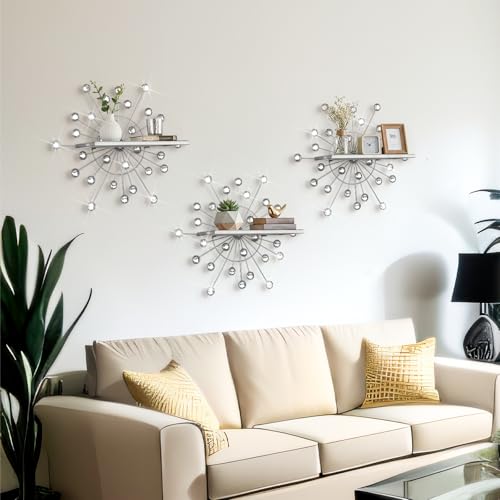 Image of Yaocom 3 Pcs Crystal Floating Shelves, Bling Sparkle Metal Starburst Wall Decor Shelves, Silver Wall Mounted Storage Shelf for Bedroom Bathroom Living Room Kitchen Office