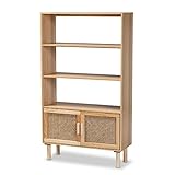 Baxton Studio Faulkner Mid-Century Modern Natural Brown Finished Wood and Rattan 2-Door Bookcase