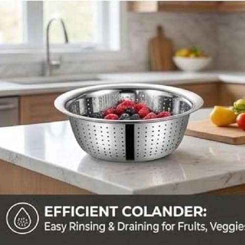 Image of 3IN1 Stainless Steel Basin Set with Colander Grater Lid 3-Piece Multi-Function Mixing Bowl for Washing, Stainless Steel Basin Set 26 CM (Pack of 1)