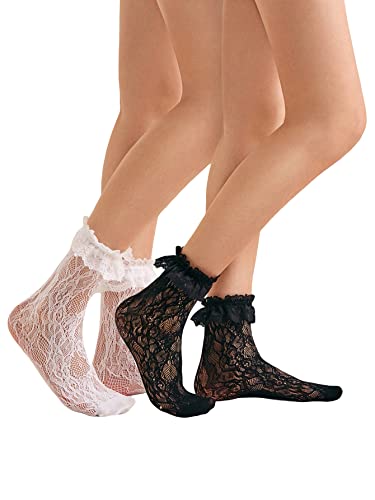 Image of SHENHE Women's 2 Pairs Lace Glitter See Through Mesh Cute Ankle Socks Multicolour Lace Trim one-size