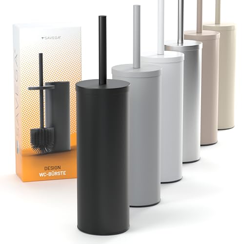 SAVEGA Brosse WC en Acier Inoxydable et Silicone - Support Discret et qualité supérieure avec Protection Anti-éclaboussures - Porte-Brosse antibactérien...