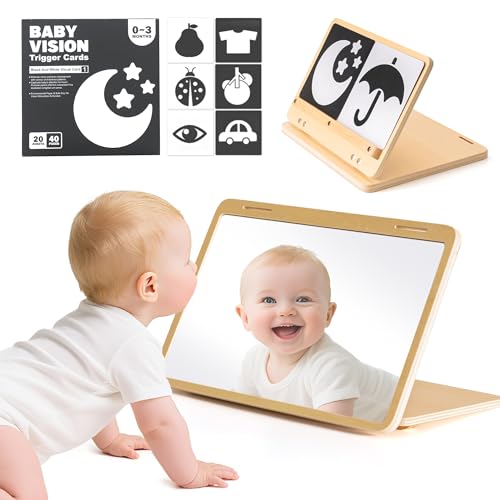 Brezlio Tummy Time Mirror for Baby Montessori Baby Floor Mirror with High Contrast Black and White Cards Infant Safe Mirror Toy for Newborn