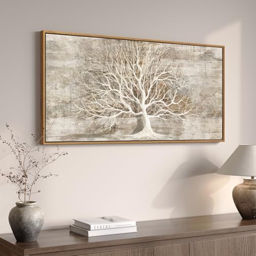 Framed Vintage Tree of Life Wall Art Neutral Rustic Farmhouse Tree Canvas Painting Print Artwork for Walls Gray White Beige Modern Abstract Forest Picture for Living Room Bedroom Office Wall Decor