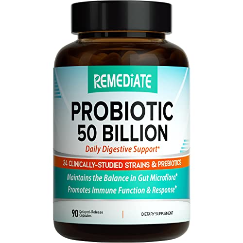 REMEDIATE Probiotic, 50 Billion CFU, for Men and Women, 24 Diverse Strains, Plus 200 mg of Prebiotics, Daily Digestive & Immune Support, Non-GMO, Shelf-Stable, Delayed-Release, 90 Vegan Caps